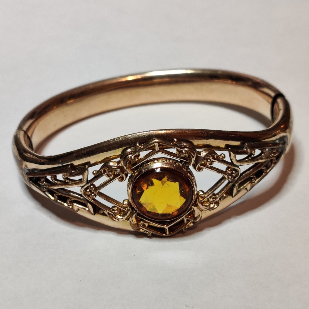 Elegant 12KGF Victorian Hinged Cuff Bracelet with Faceted Amber Glass Stone